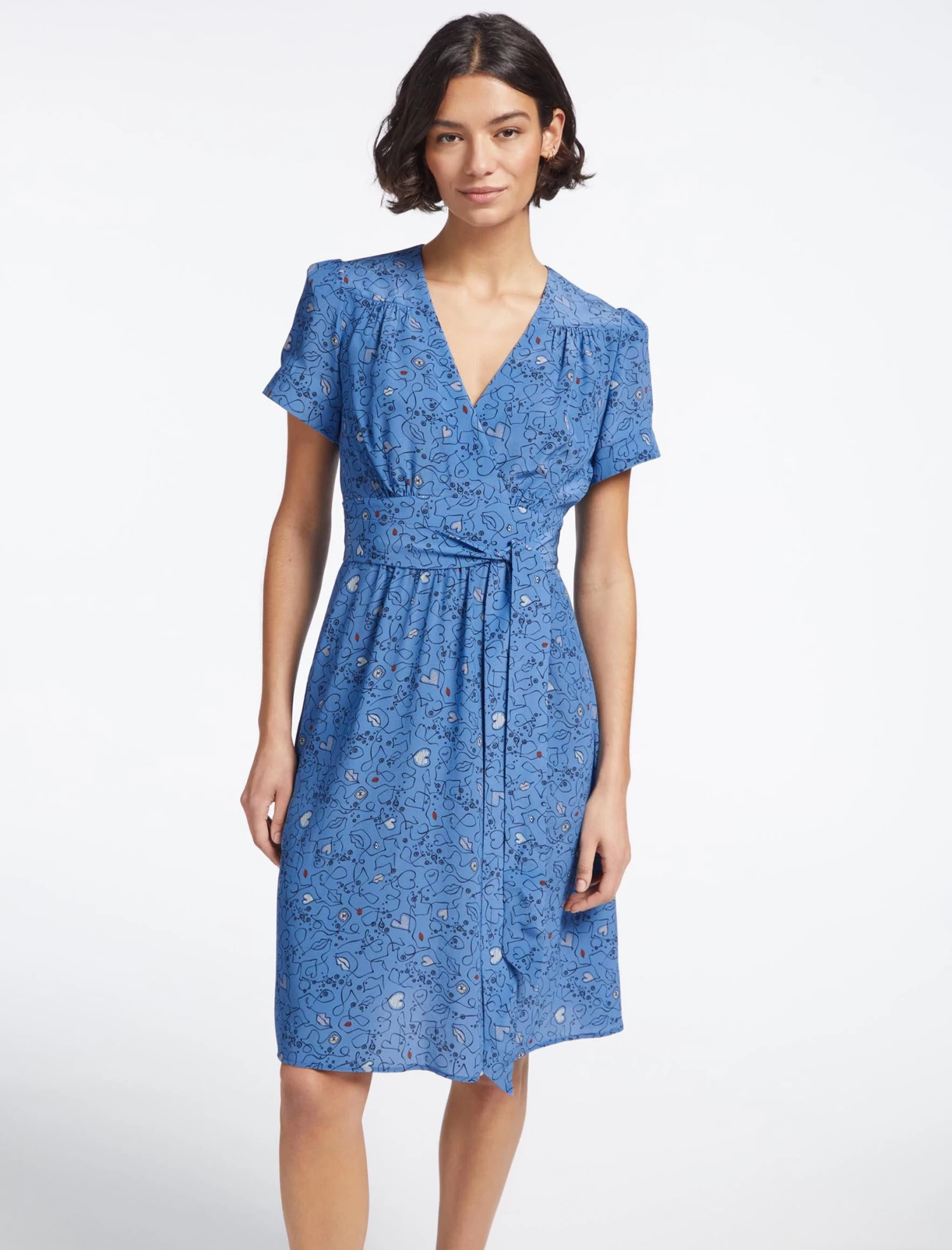 Gina Silk Knee Length Dress - Blue Lips Eyes Print - Image 3