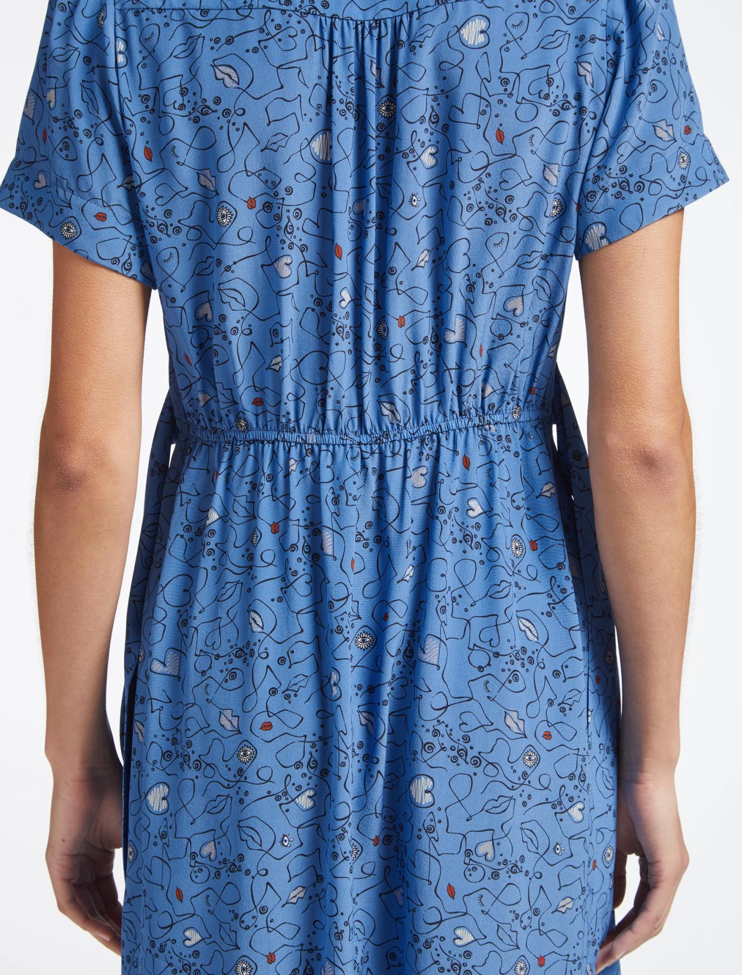Gina Silk Knee Length Dress - Blue Lips Eyes Print - Image 5