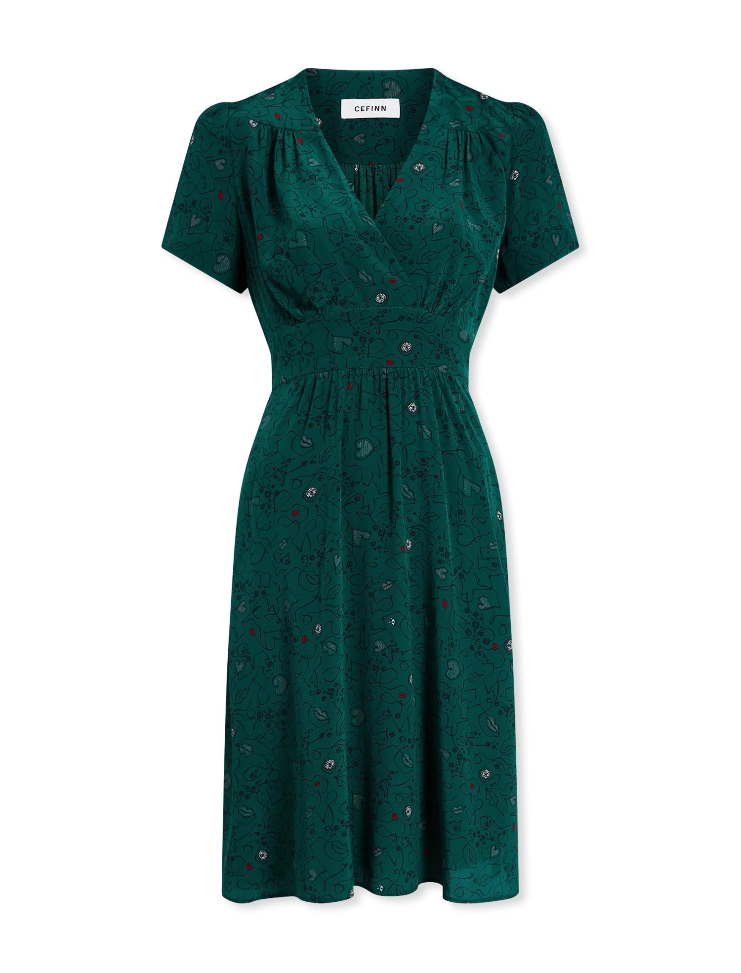 Gina Silk Knee Length Dress - Dark Green Lips Eyes Print - Image 8