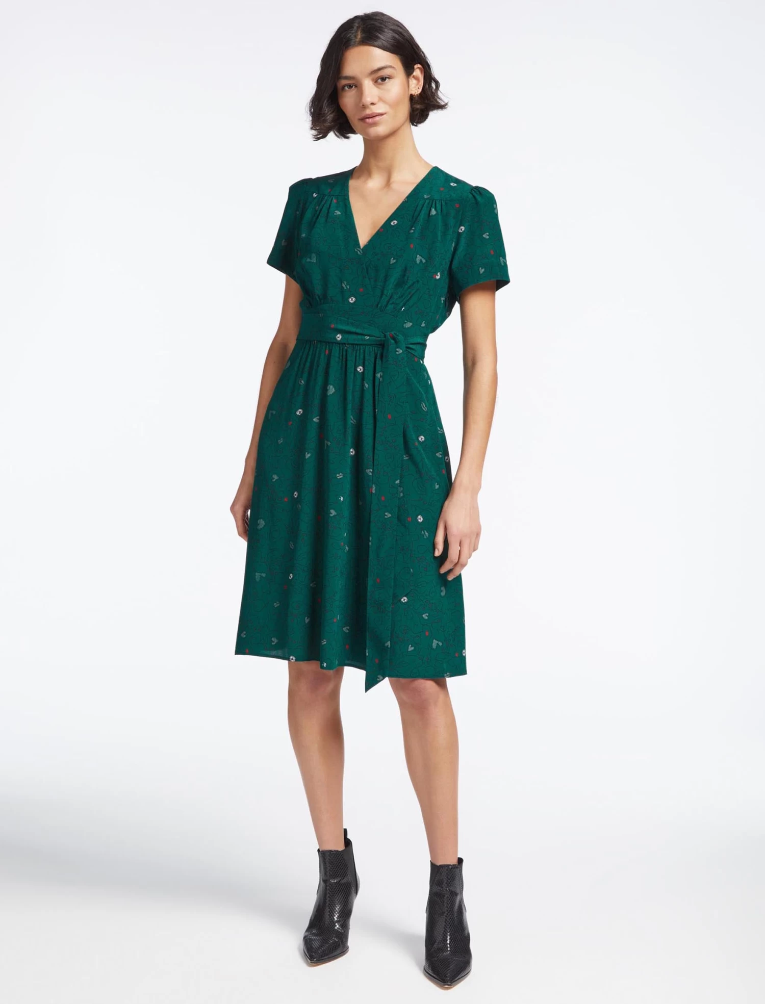 Gina Silk Knee Length Dress - Dark Green Lips Eyes Print