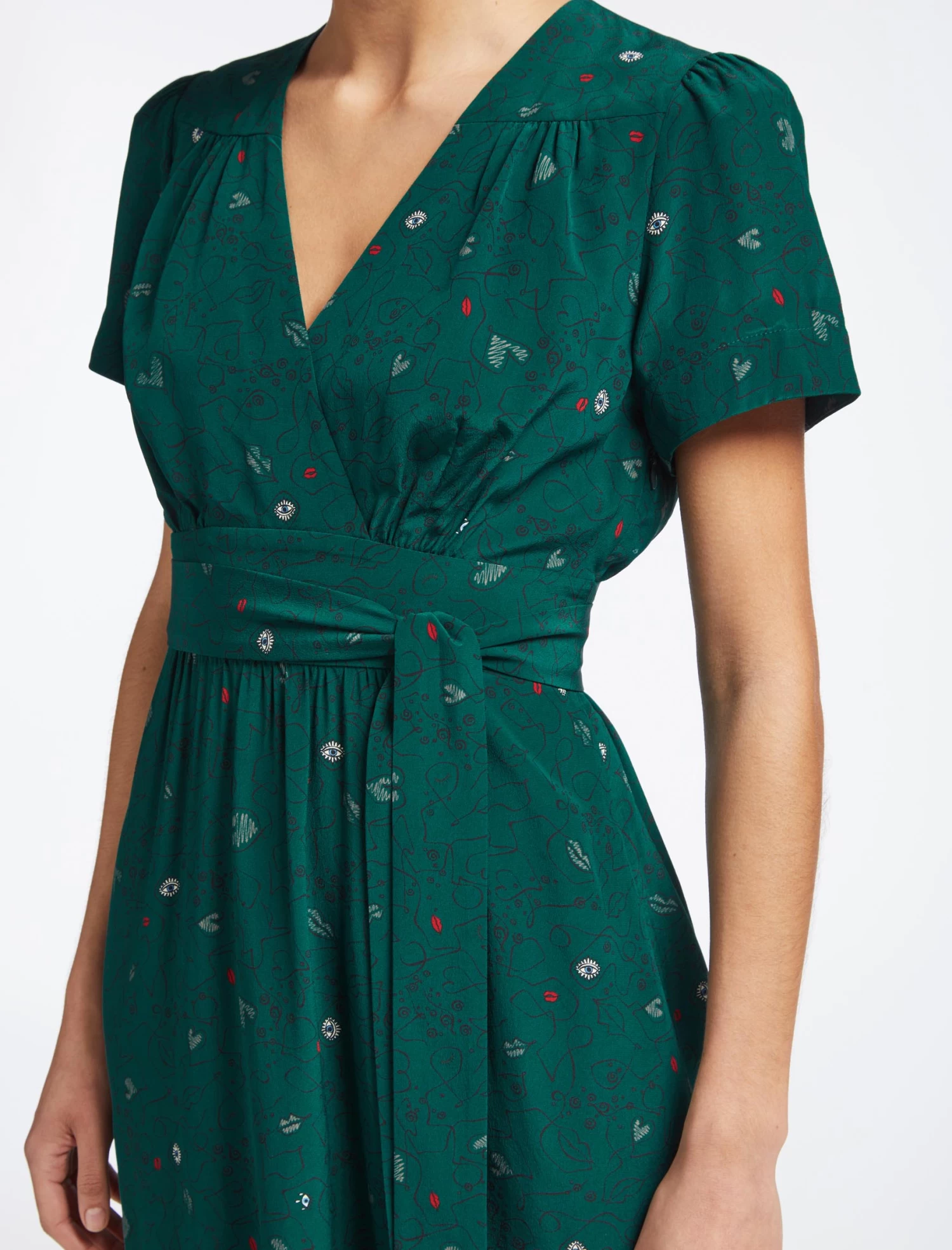 Gina Silk Knee Length Dress - Dark Green Lips Eyes Print - Image 4