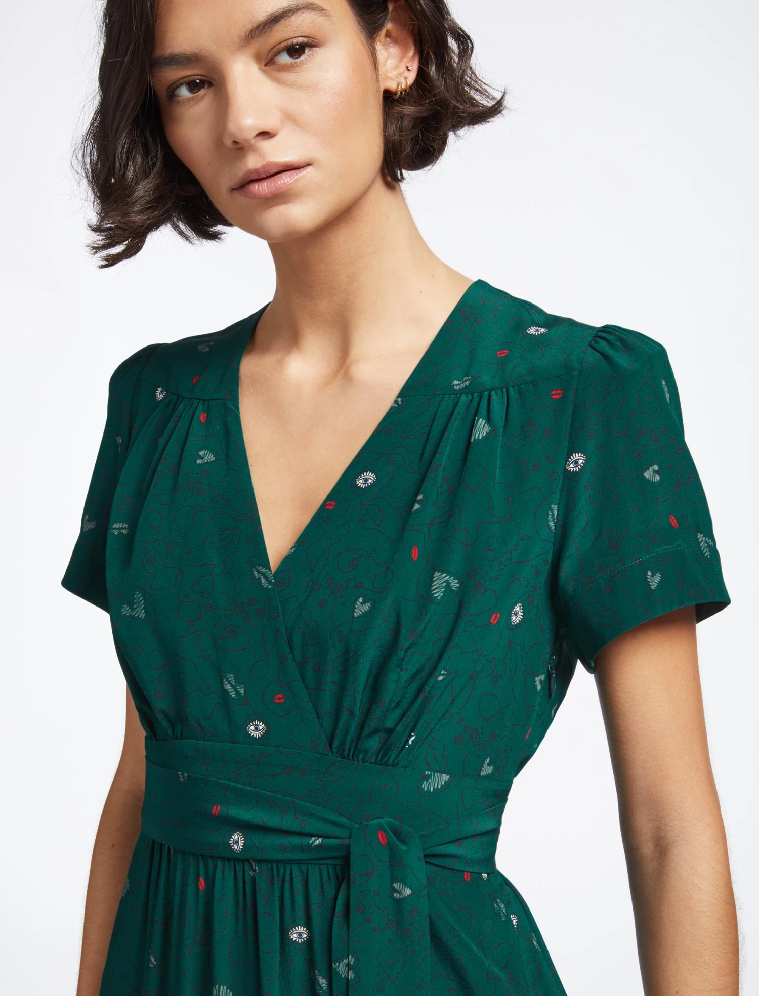 Gina Silk Knee Length Dress - Dark Green Lips Eyes Print - Image 2