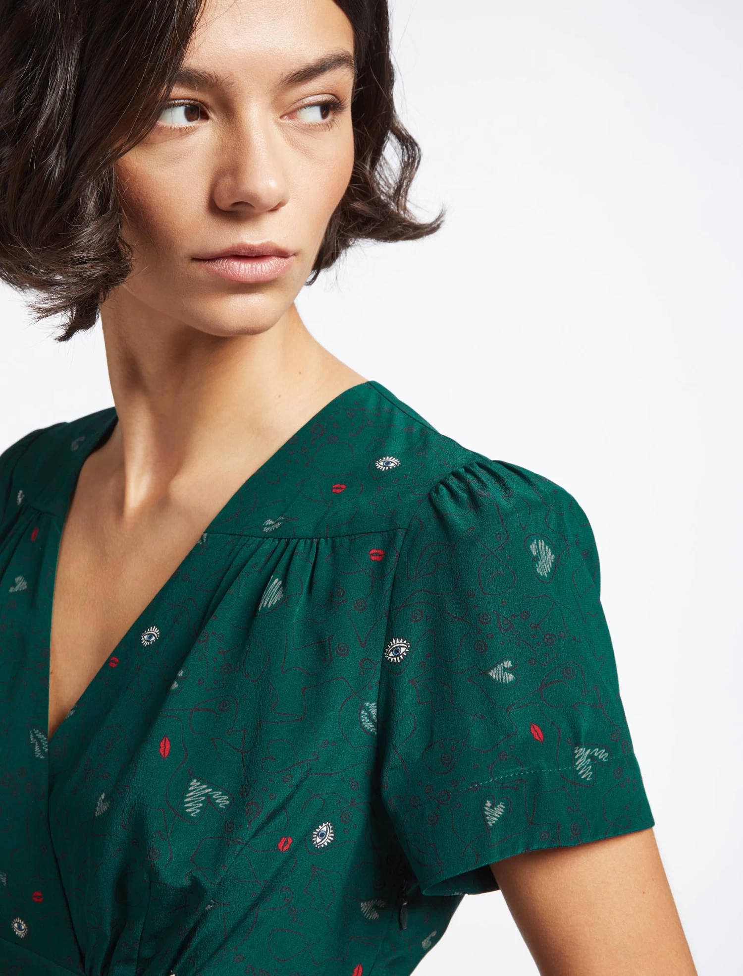 Gina Silk Knee Length Dress - Dark Green Lips Eyes Print - Image 5