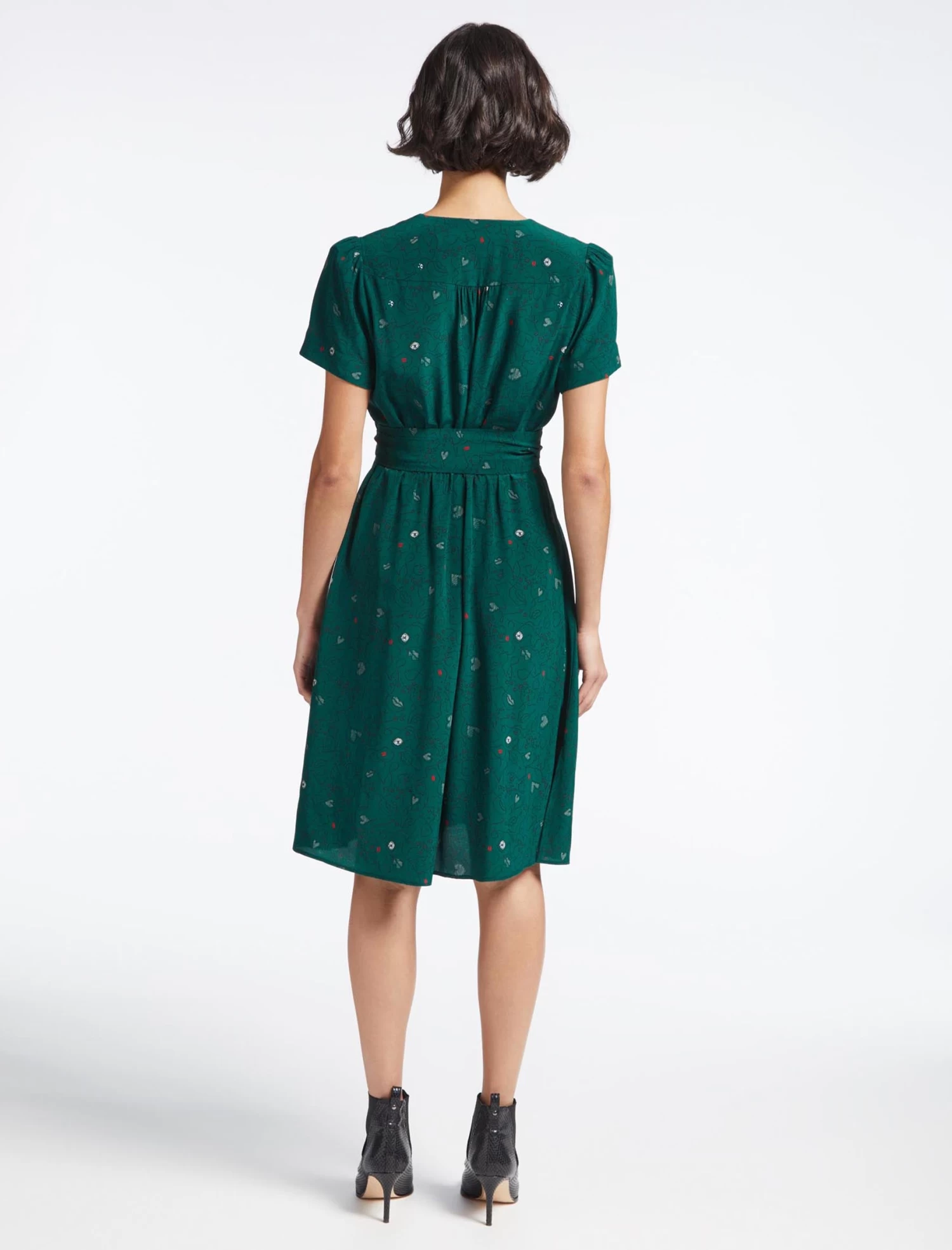 Gina Silk Knee Length Dress - Dark Green Lips Eyes Print - Image 7