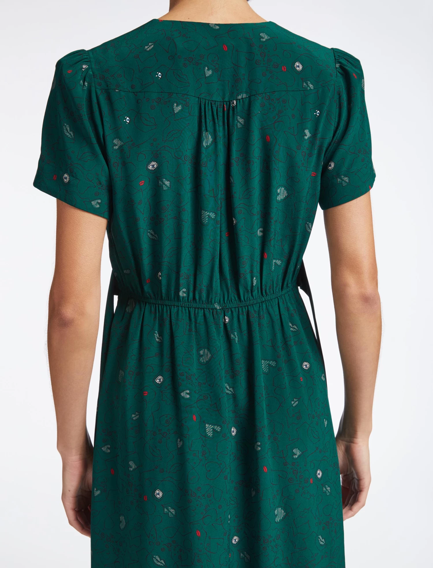 Gina Silk Knee Length Dress - Dark Green Lips Eyes Print - Image 6