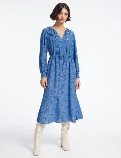 Georgia Silk Midi Dress - Blue Lips Eyes Print