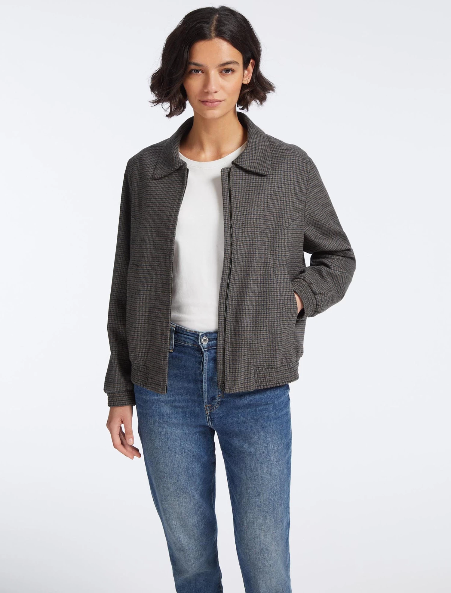 Lexi Wool Bomber Jacket - Charcoal Navy Black Check