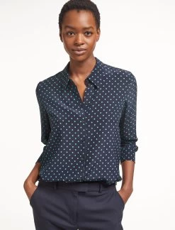 Skyla Silk Shirt - Navy Turquoise Polka Dot