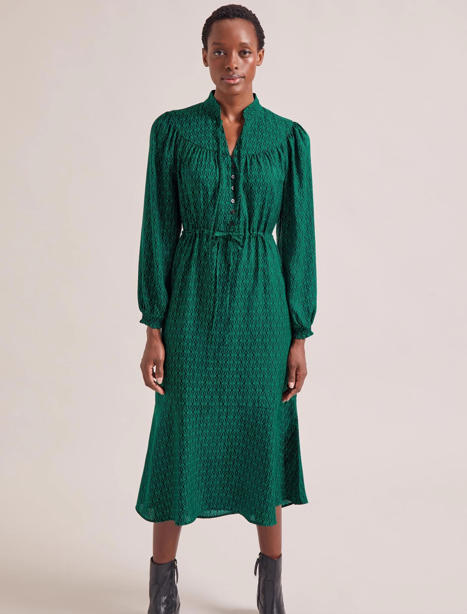 Zahra Midi Dress - Green Black Trellis Print - Image 6