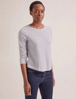 Maia Cotton Silk Blend T-Shirt - White Navy Stripe