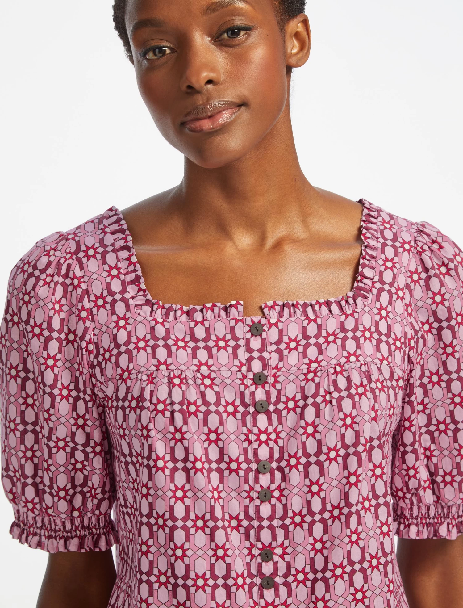 Shannon Organic Cotton Shirt - Pink Geo Star Print - Image 4