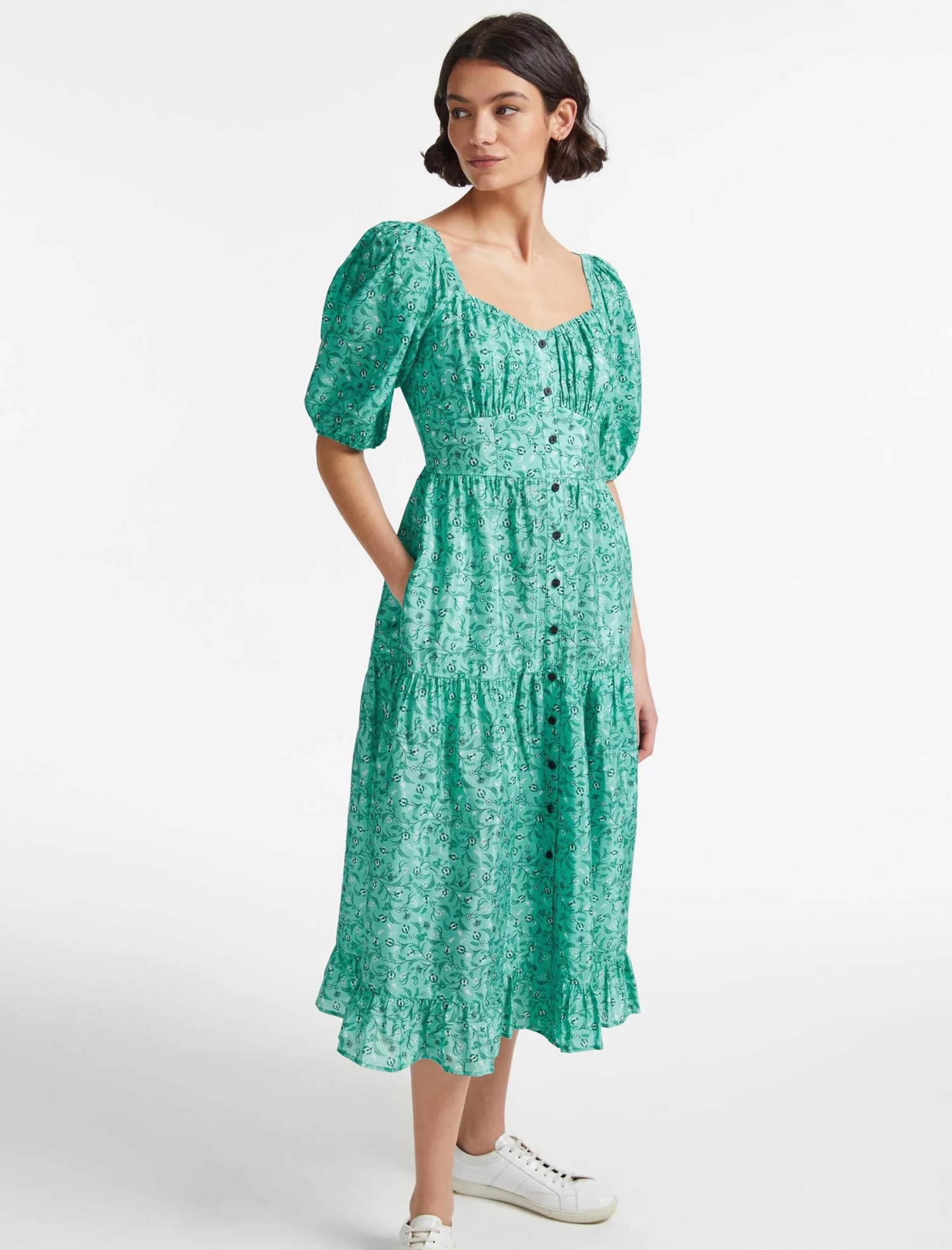Paloma Midi Dress - Green Trailing Floral Print