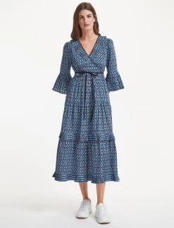 Cordelia Organic Cotton Maxi Dress - Blue Geo Star Print