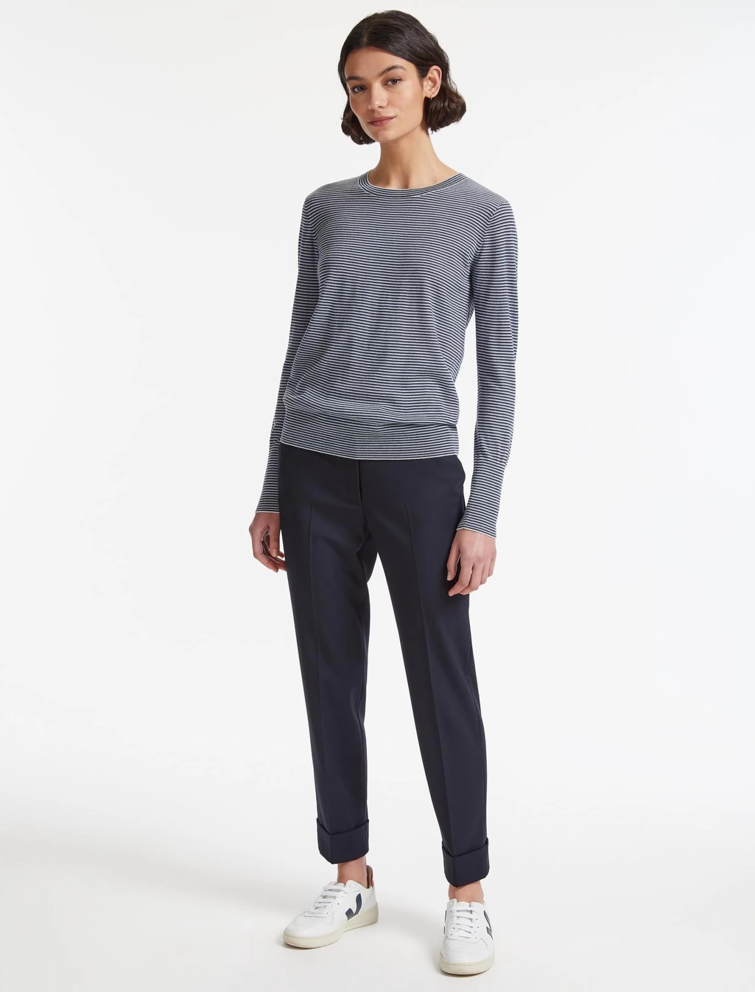 Jodi Wool Jumper - Navy Mid Blue Cream Stripe - Image 2