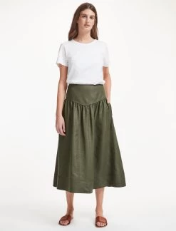 Lyla Techni Linen Midi Skirt - Khaki