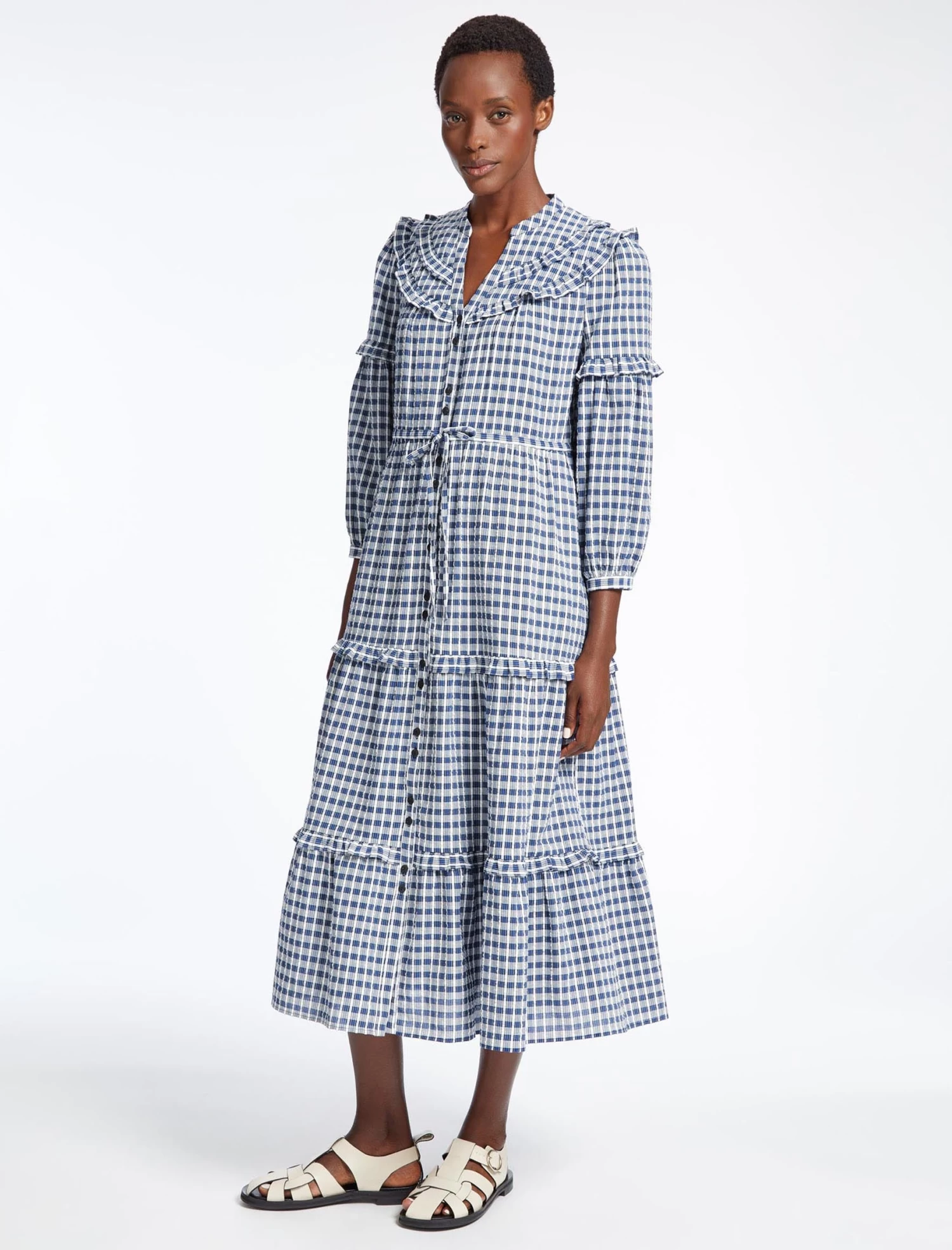 Suki Organic Cotton Seersucker Maxi Dress - Blue White Check - Image 3
