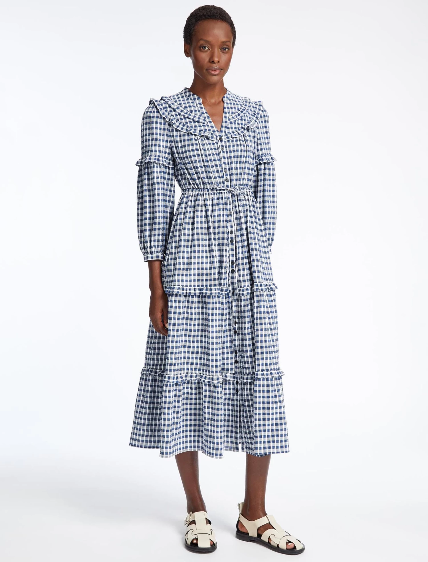 Suki Organic Cotton Seersucker Maxi Dress - Blue White Check