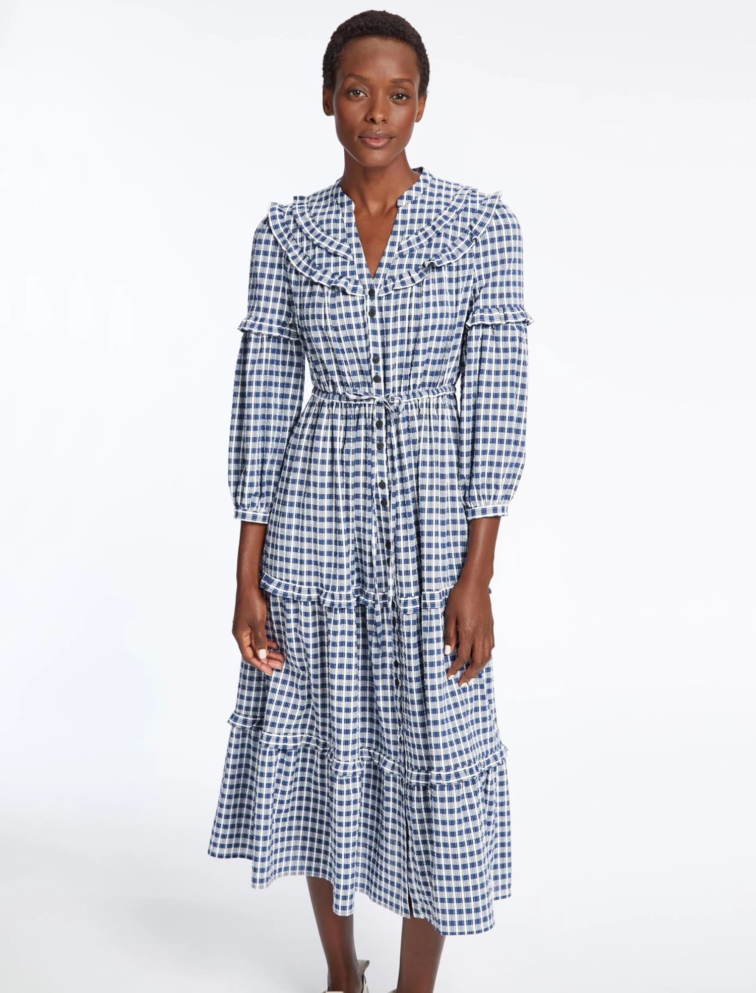 Suki Organic Cotton Seersucker Maxi Dress - Blue White Check - Image 5