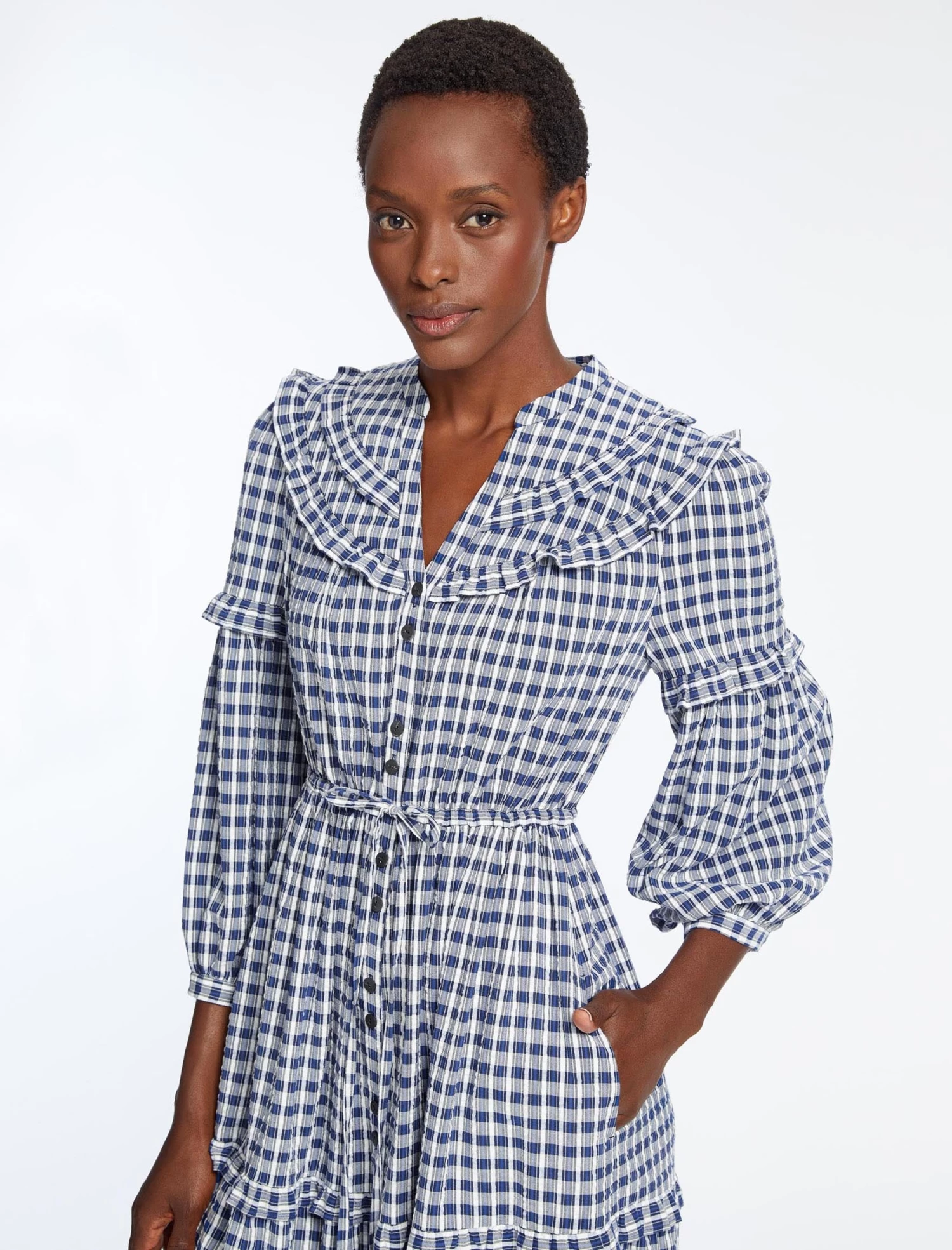 Suki Organic Cotton Seersucker Maxi Dress - Blue White Check - Image 2