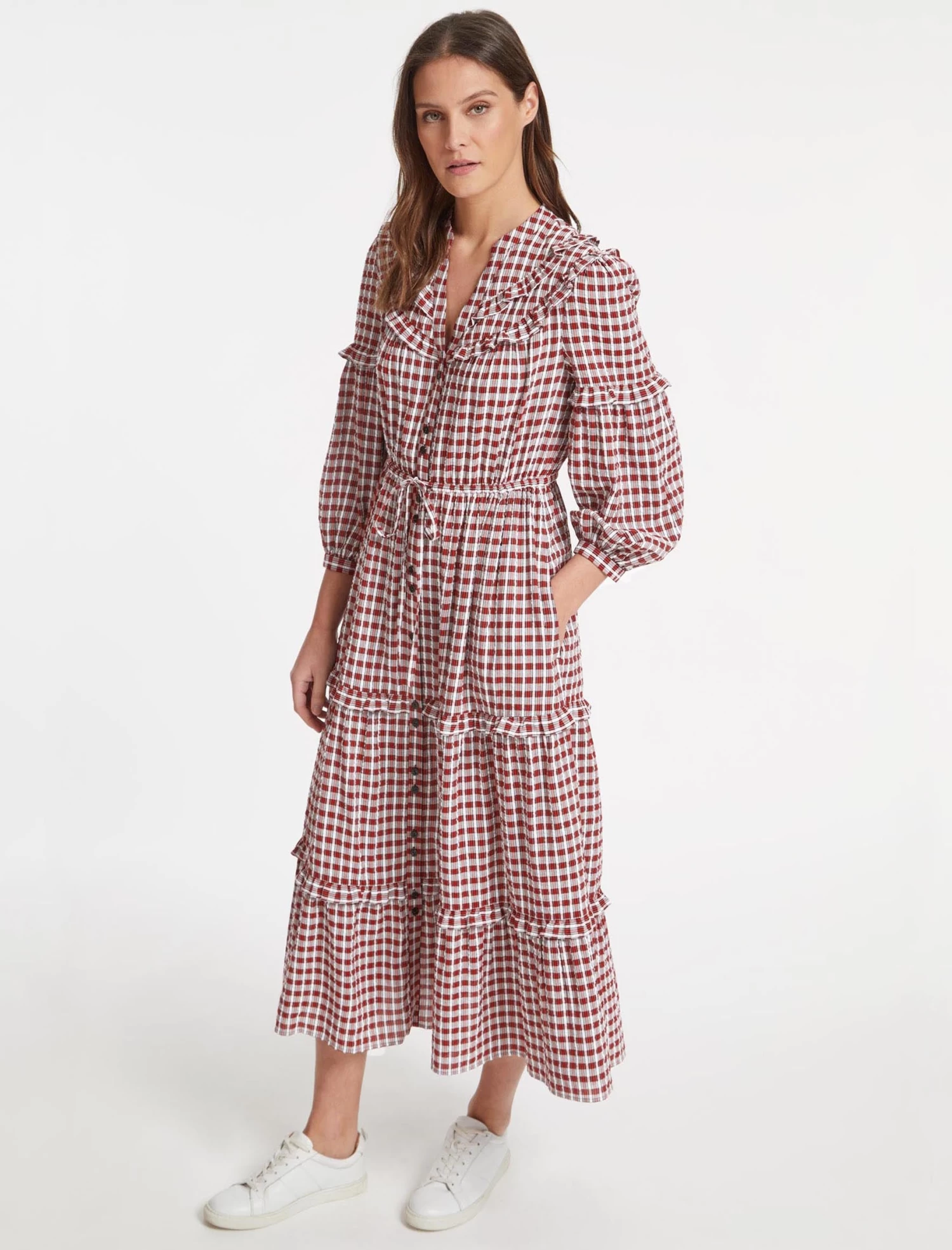Suki Organic Cotton Seersucker Maxi Dress - Red White Check - Image 3
