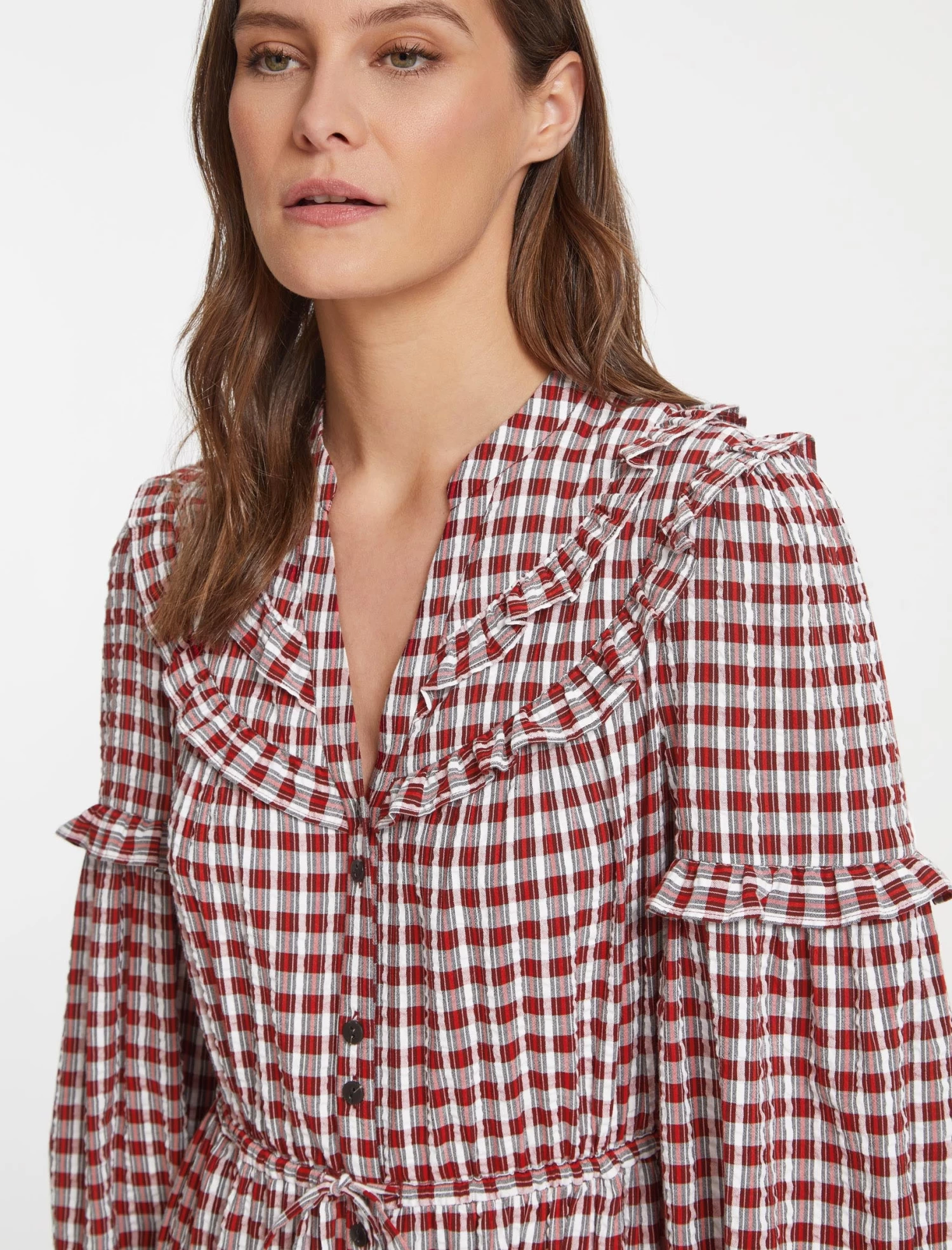 Suki Organic Cotton Seersucker Maxi Dress - Red White Check - Image 2