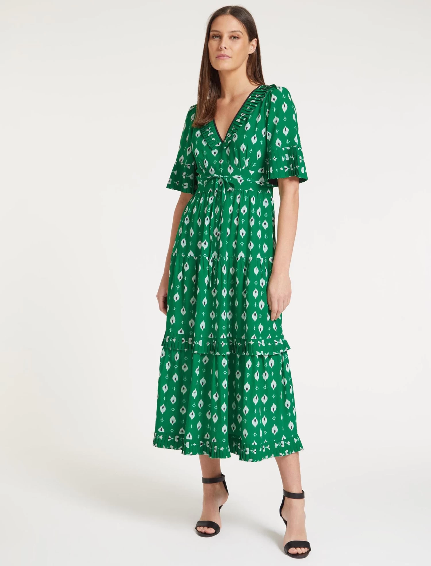 Cordelia Cotton Maxi Dress - Green Ikat Print - Image 5