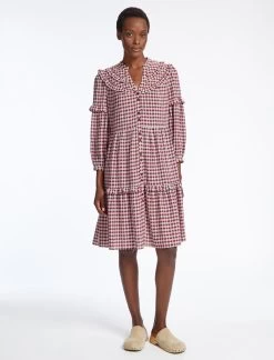 Suki Organic Cotton Seersucker Midi Dress - Red White Check