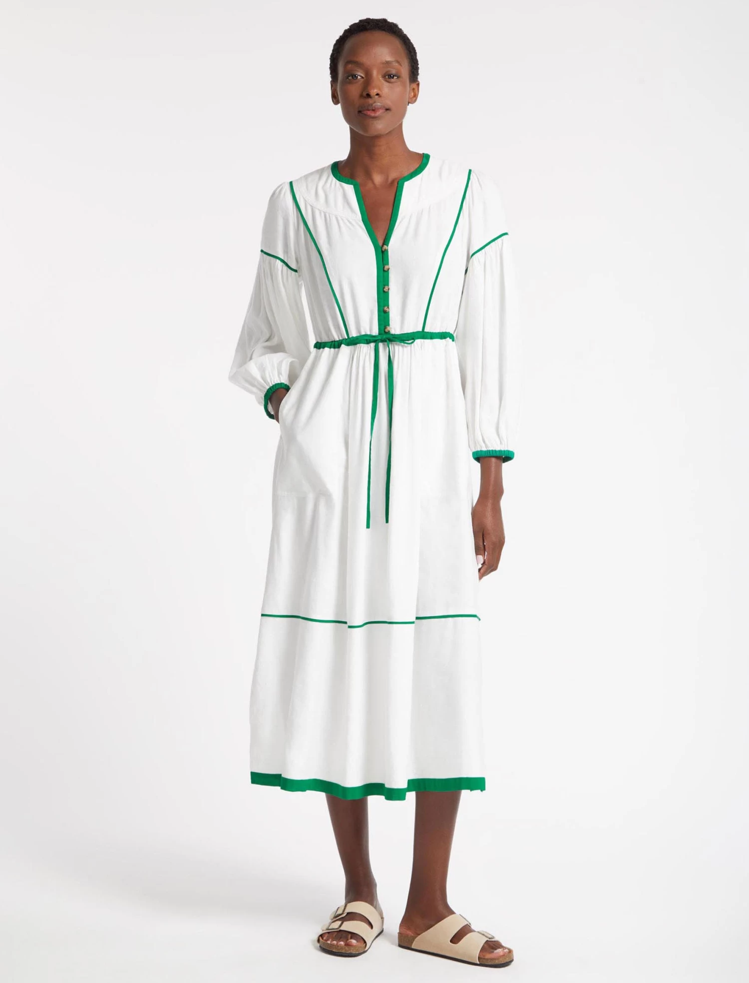 Salone Linen Blend Maxi Dress - White Emerald Green - Image 6