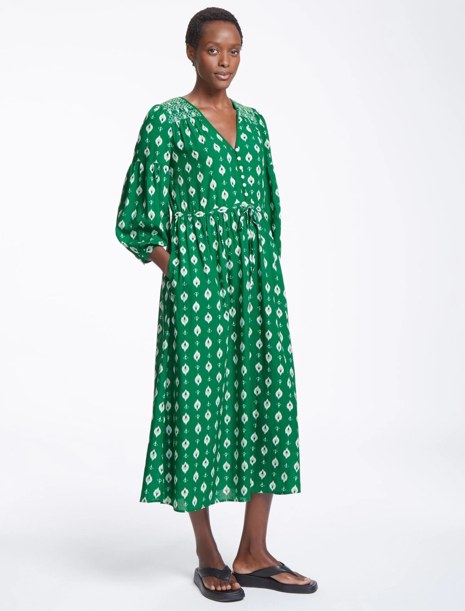 Yula Cotton Maxi Dress- Green Ikat Print - Image 6