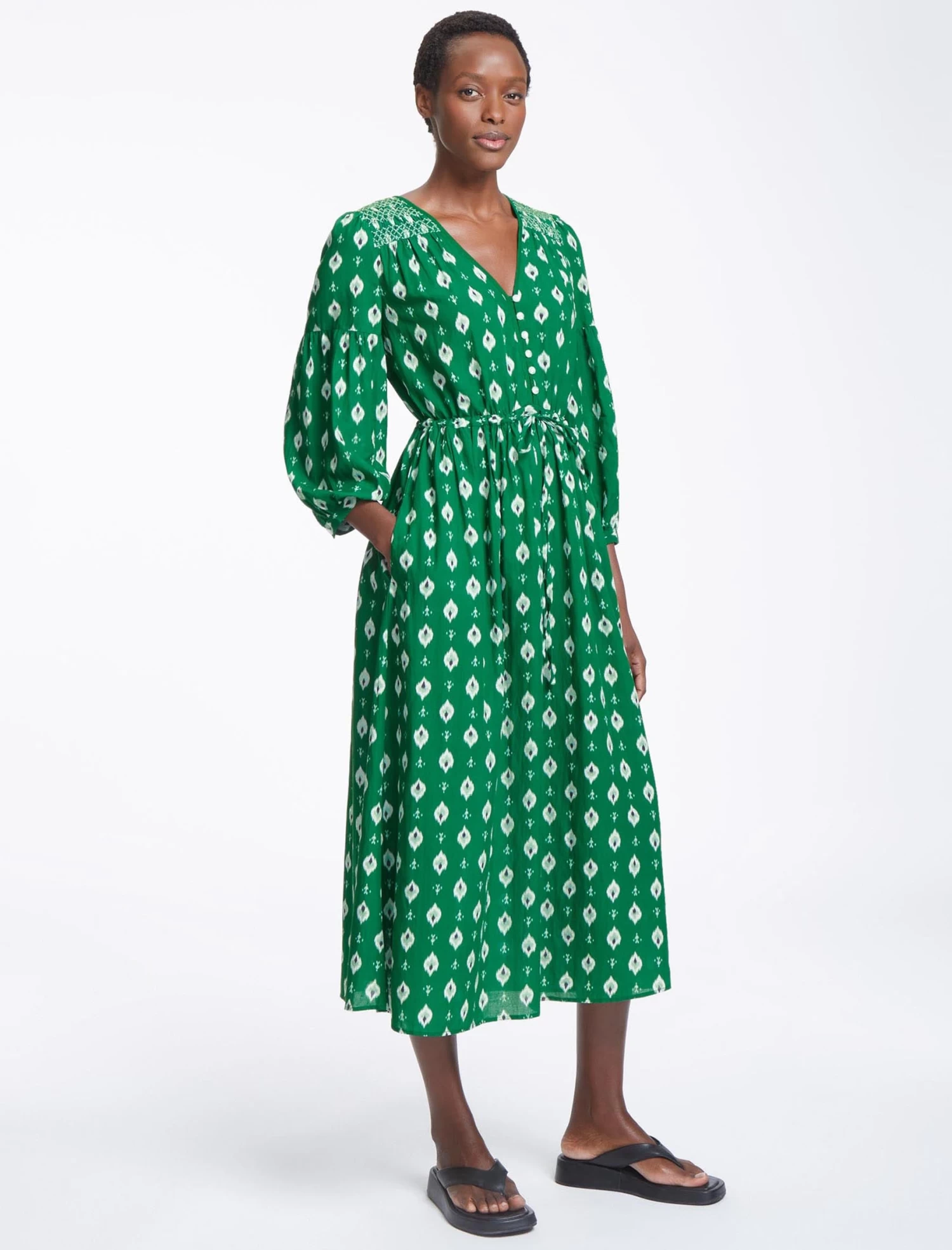 Yula Cotton Maxi Dress- Green Ikat Print