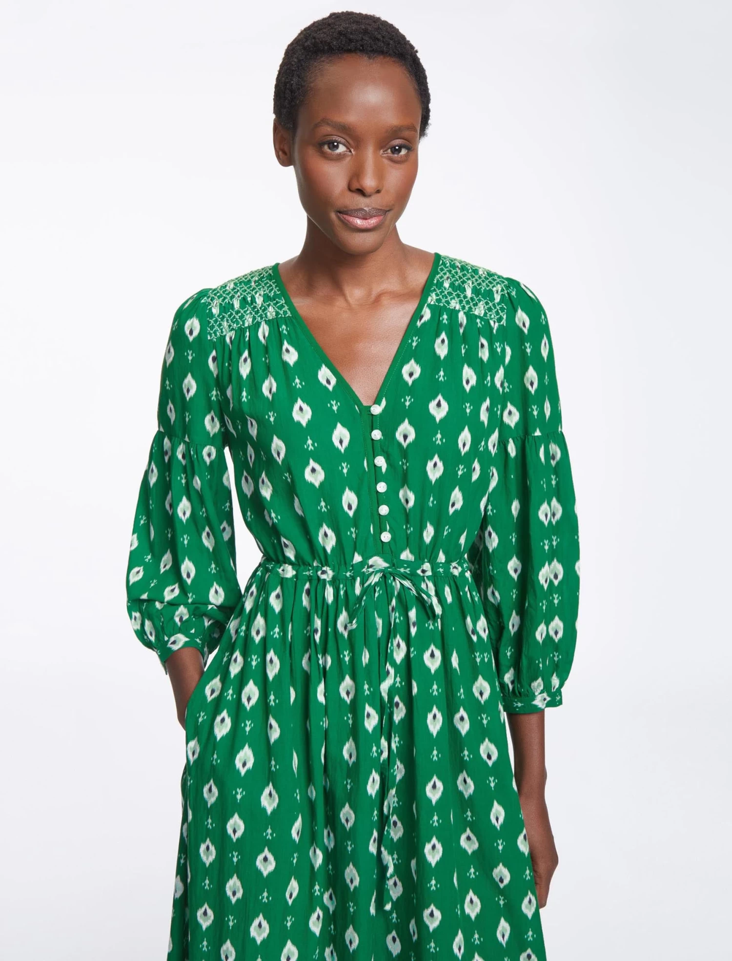Yula Cotton Maxi Dress- Green Ikat Print - Image 3
