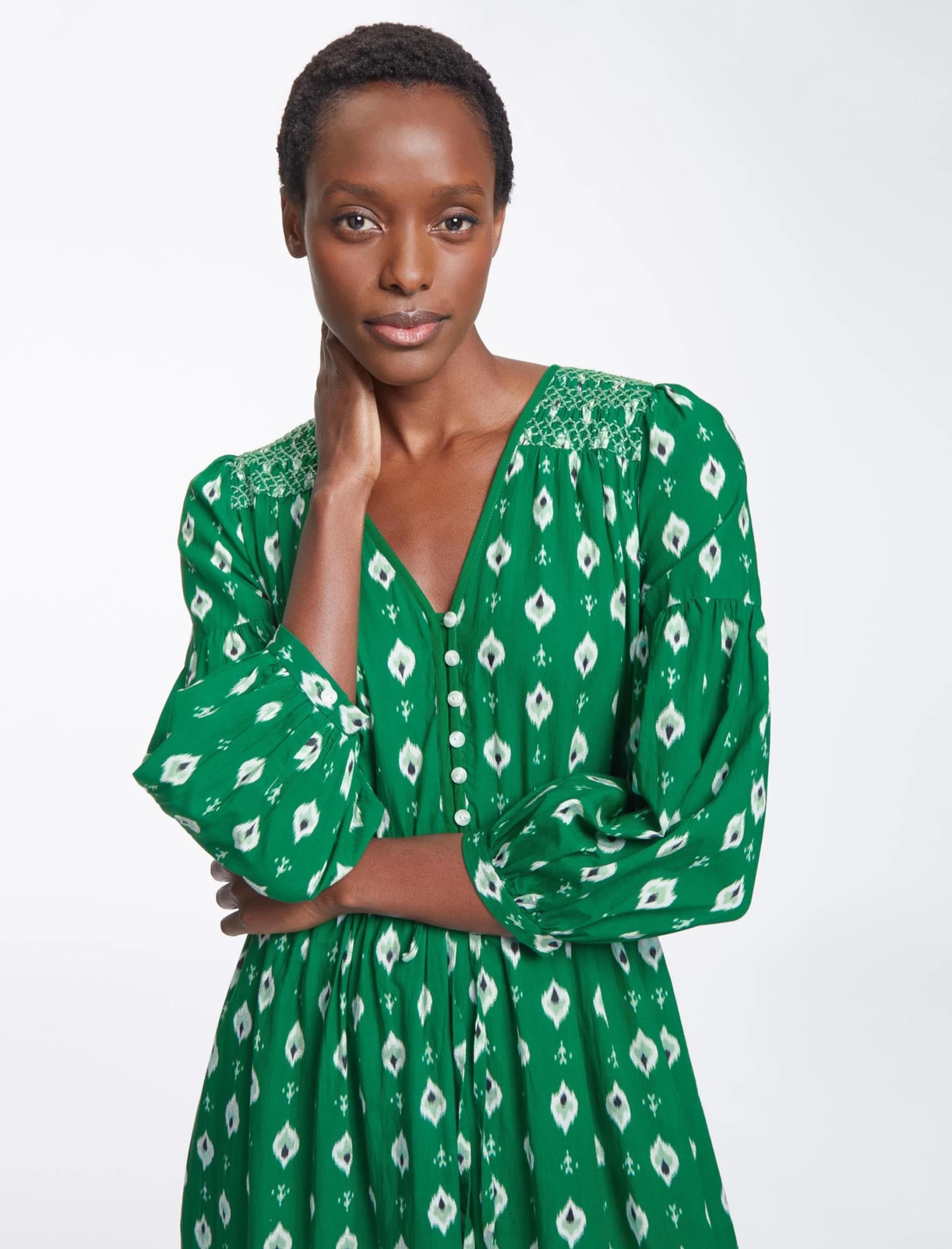 Yula Cotton Maxi Dress- Green Ikat Print - Image 4