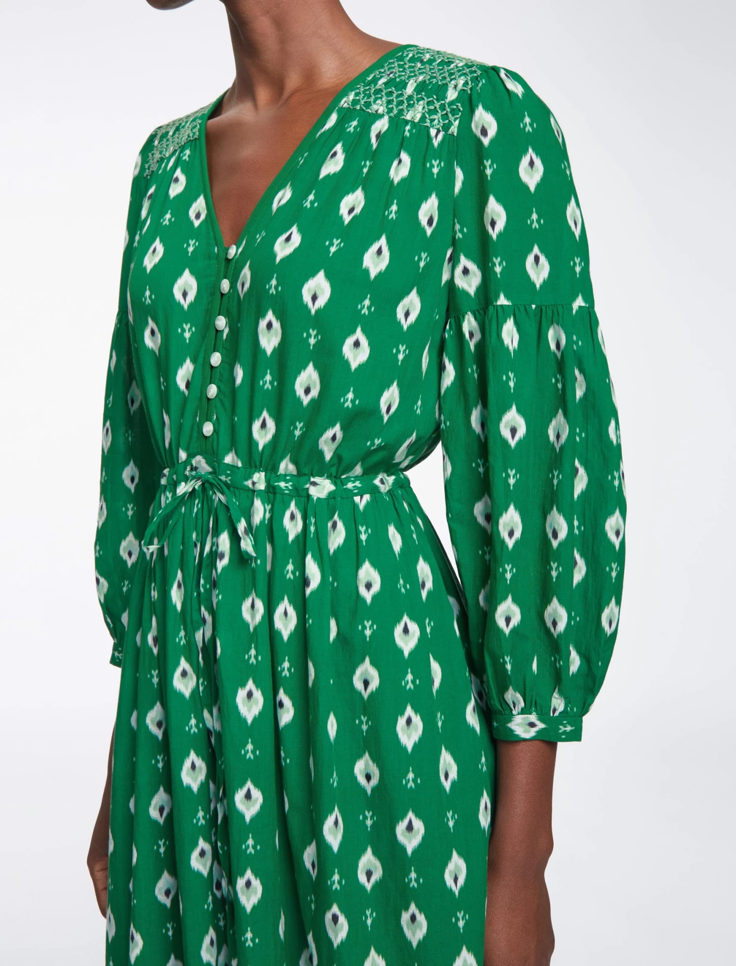 Yula Cotton Maxi Dress- Green Ikat Print - Image 5