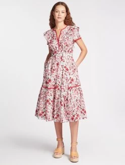 Nessa Organic Cotton Midi Dress - White Red Large Floral Print