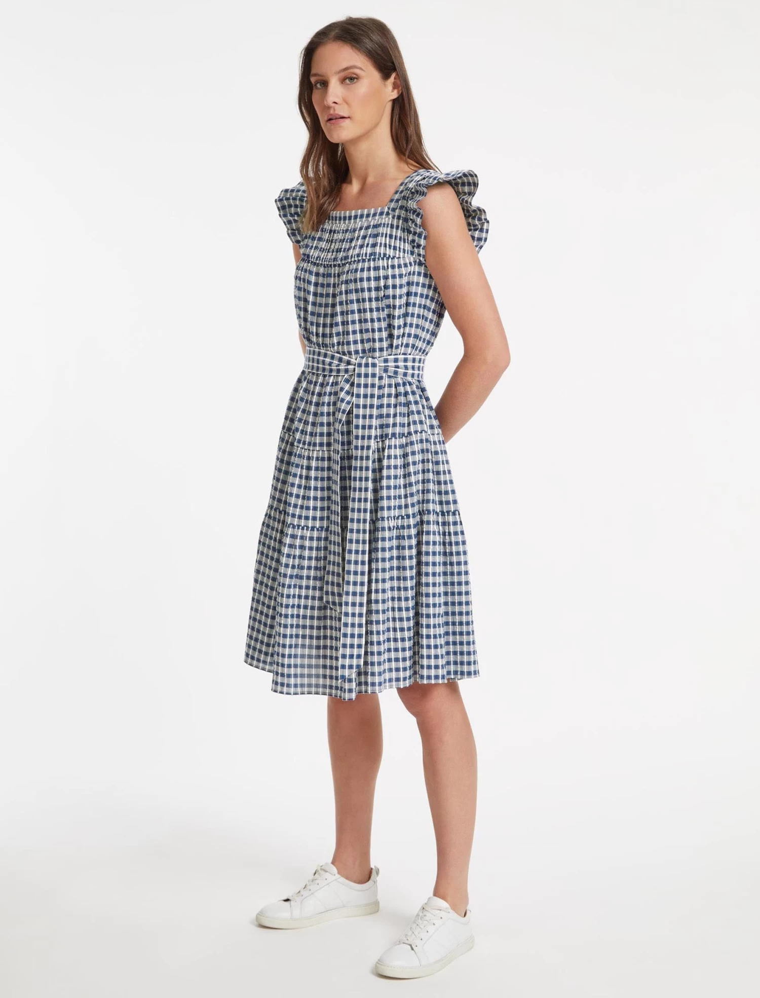 Maisie Organic Cotton Seersucker Midi Dress - Blue White Check