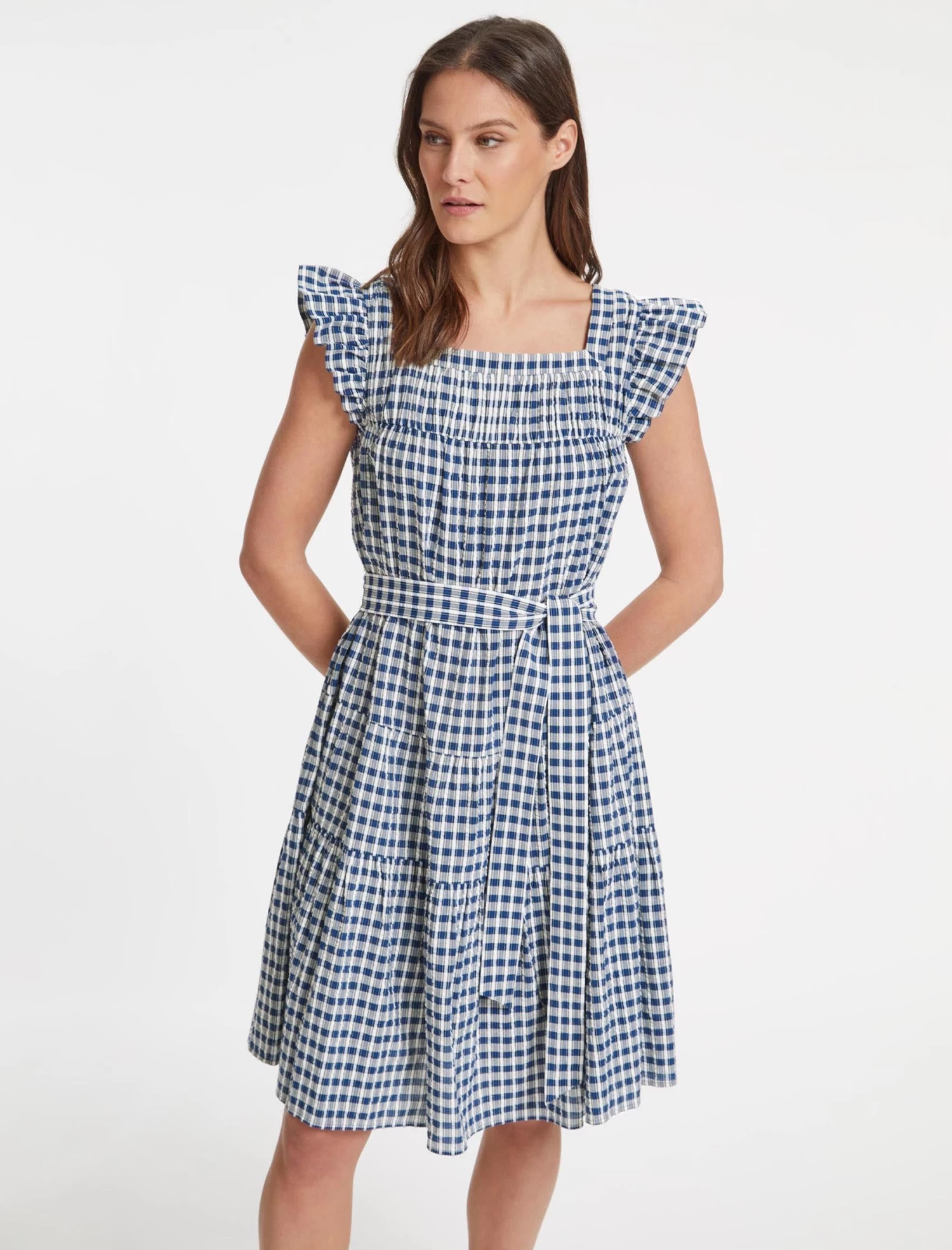 Maisie Organic Cotton Seersucker Midi Dress - Blue White Check - Image 5