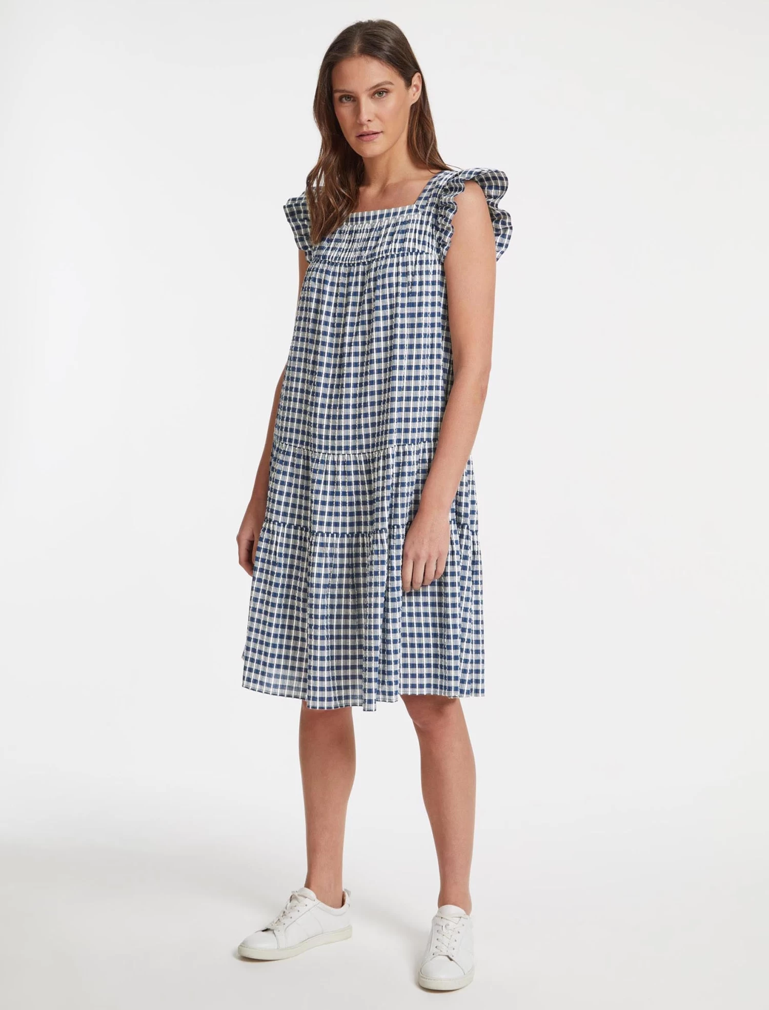 Maisie Organic Cotton Seersucker Midi Dress - Blue White Check - Image 2