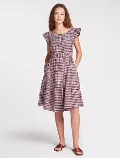 Maisie Organic Cotton Seersucker Midi Dress - Red White Check