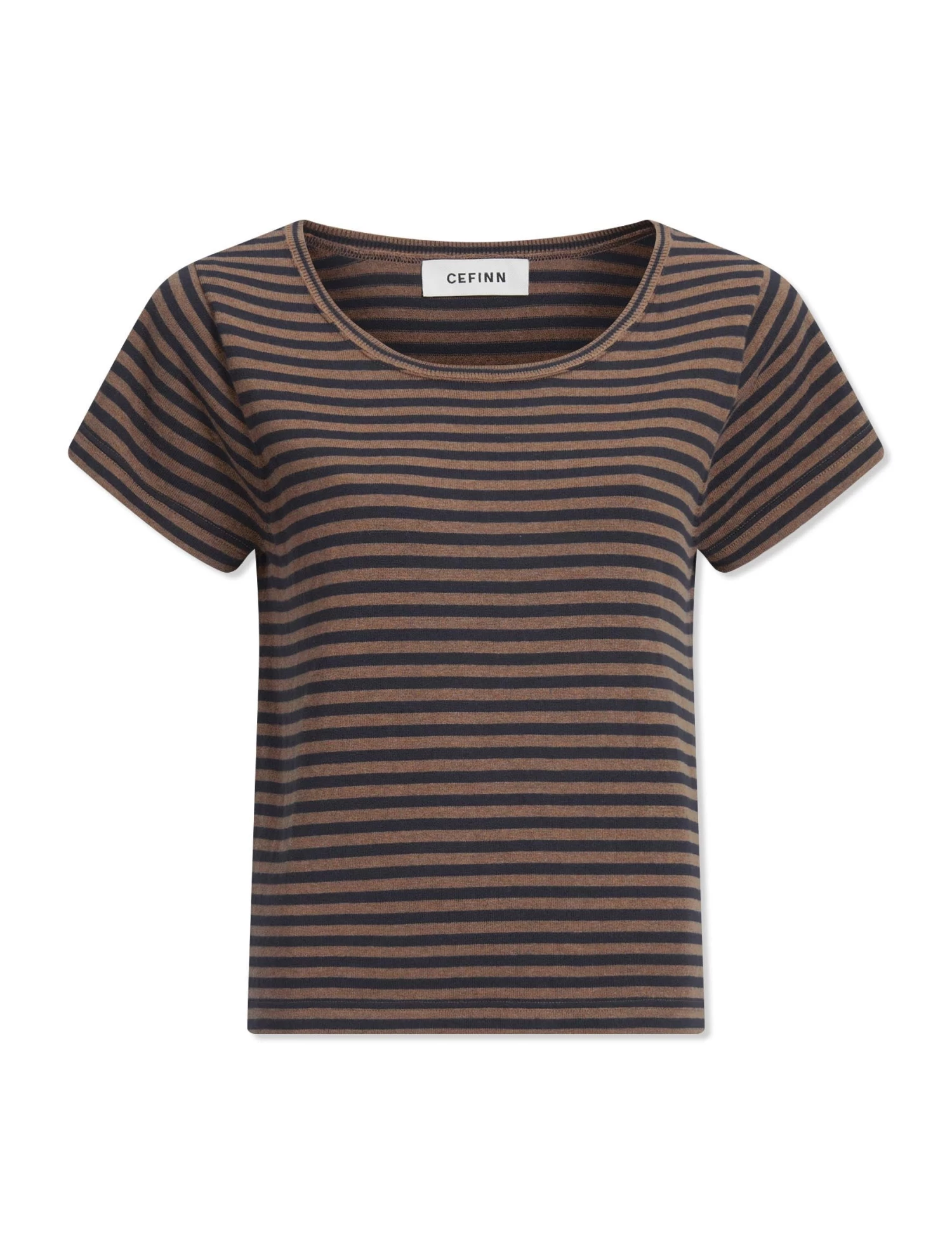 Madison Cotton Silk Blend Round Neck T-Shirt - Brown Navy Stripe - Image 6