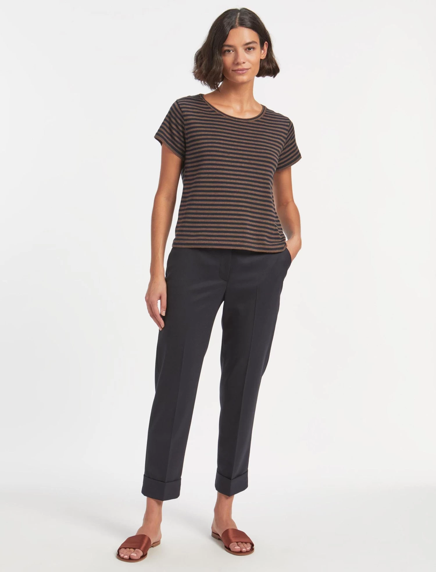 Madison Cotton Silk Blend Round Neck T-Shirt - Brown Navy Stripe - Image 2