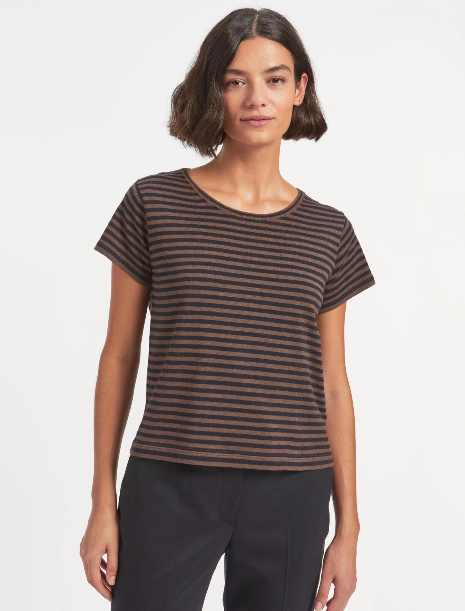 Madison Cotton Silk Blend Round Neck T-Shirt - Brown Navy Stripe