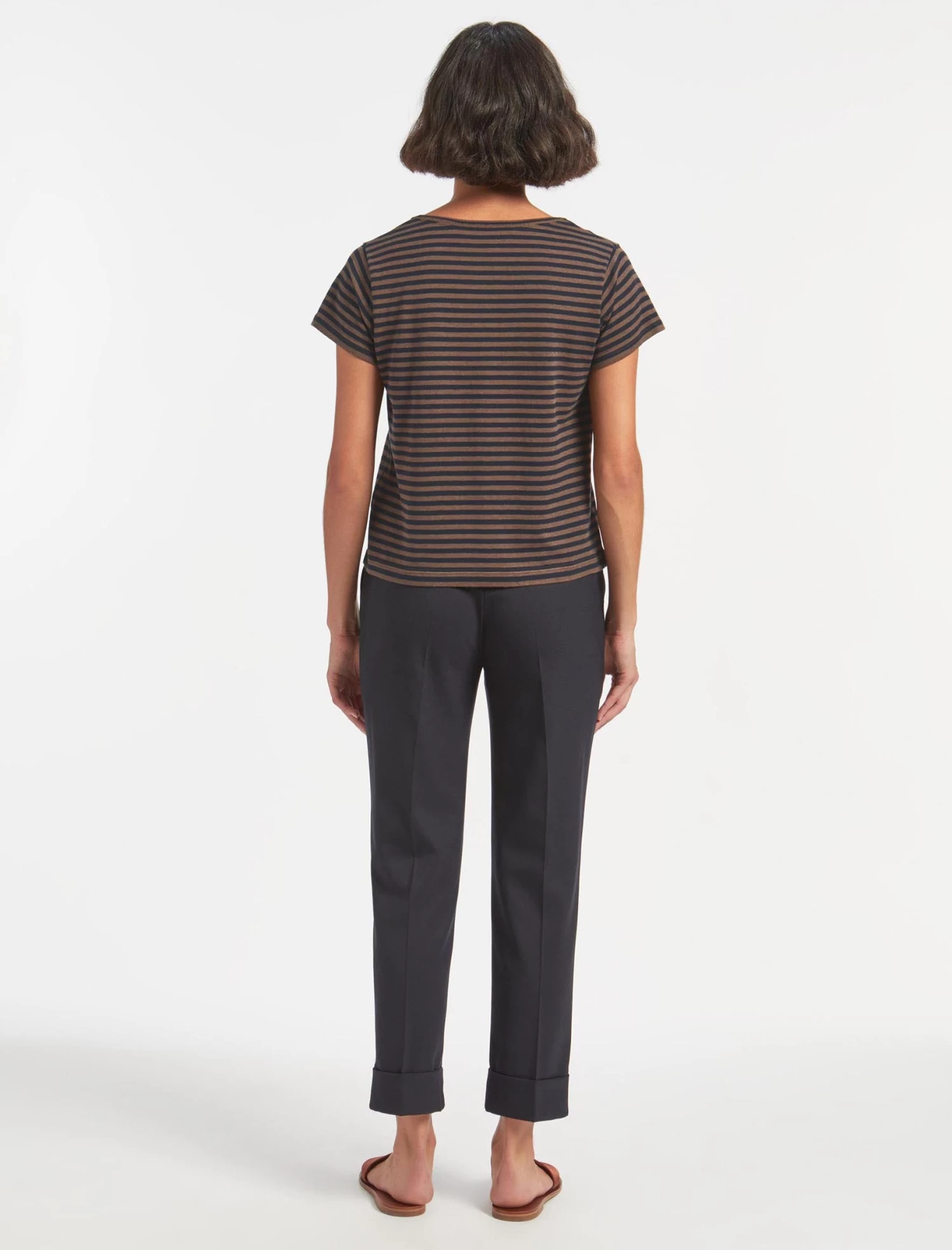 Madison Cotton Silk Blend Round Neck T-Shirt - Brown Navy Stripe - Image 3