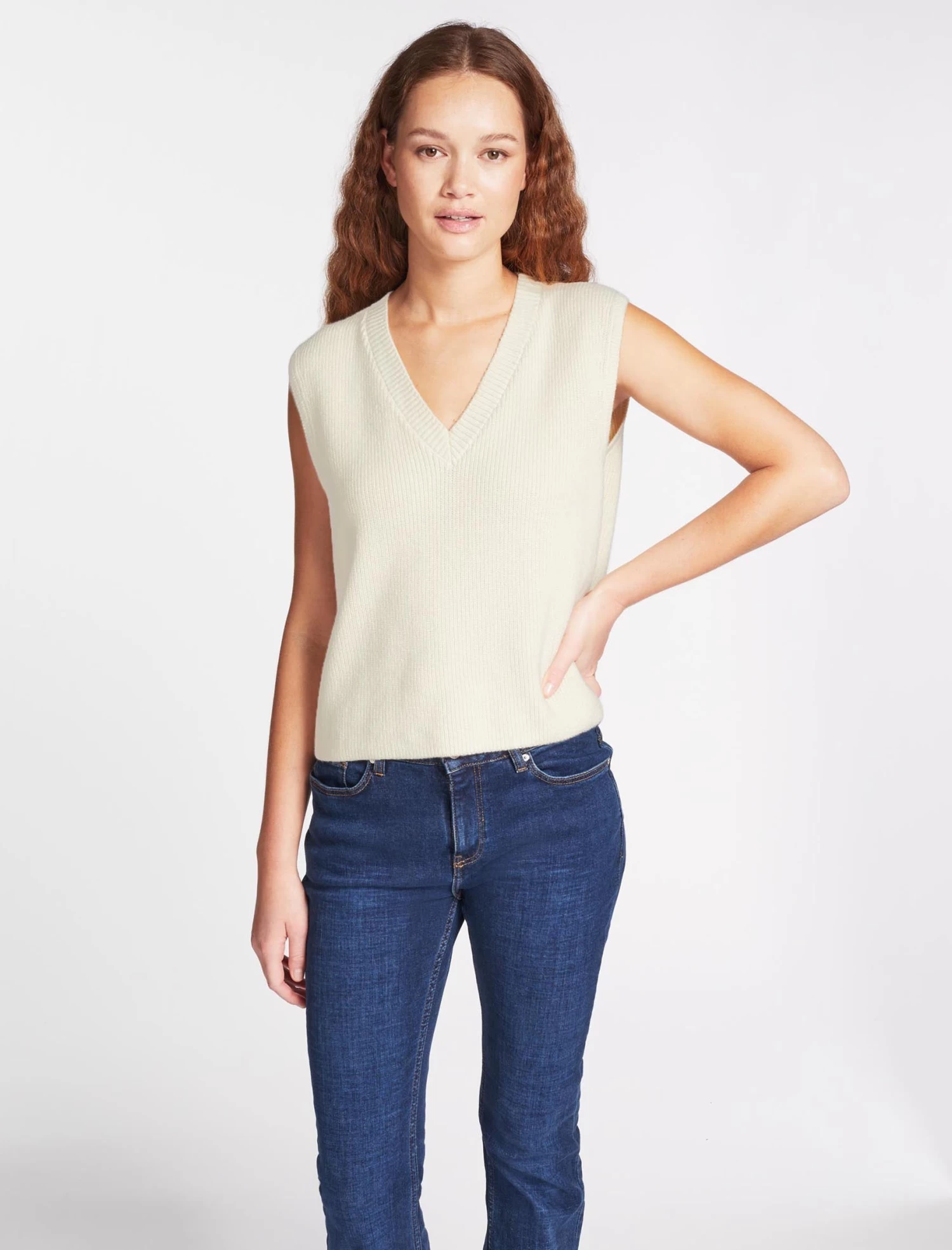 Julie Cotton V Neck Layering Sleeveless Jumper - Cream - Image 2