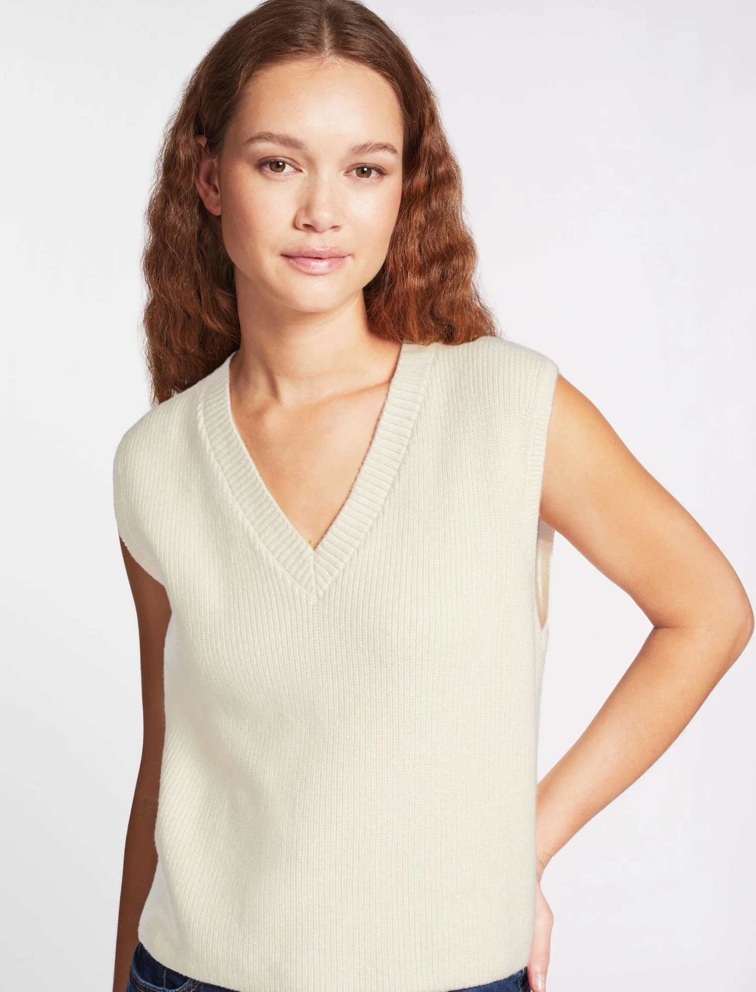 Julie Cotton V Neck Layering Sleeveless Jumper - Cream - Image 3