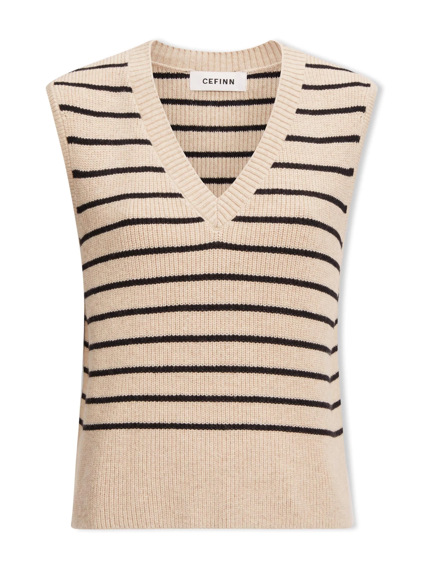 Julie Cotton V Neck Layering Sleeveless Jumper - Sand Black Stripe - Image 6
