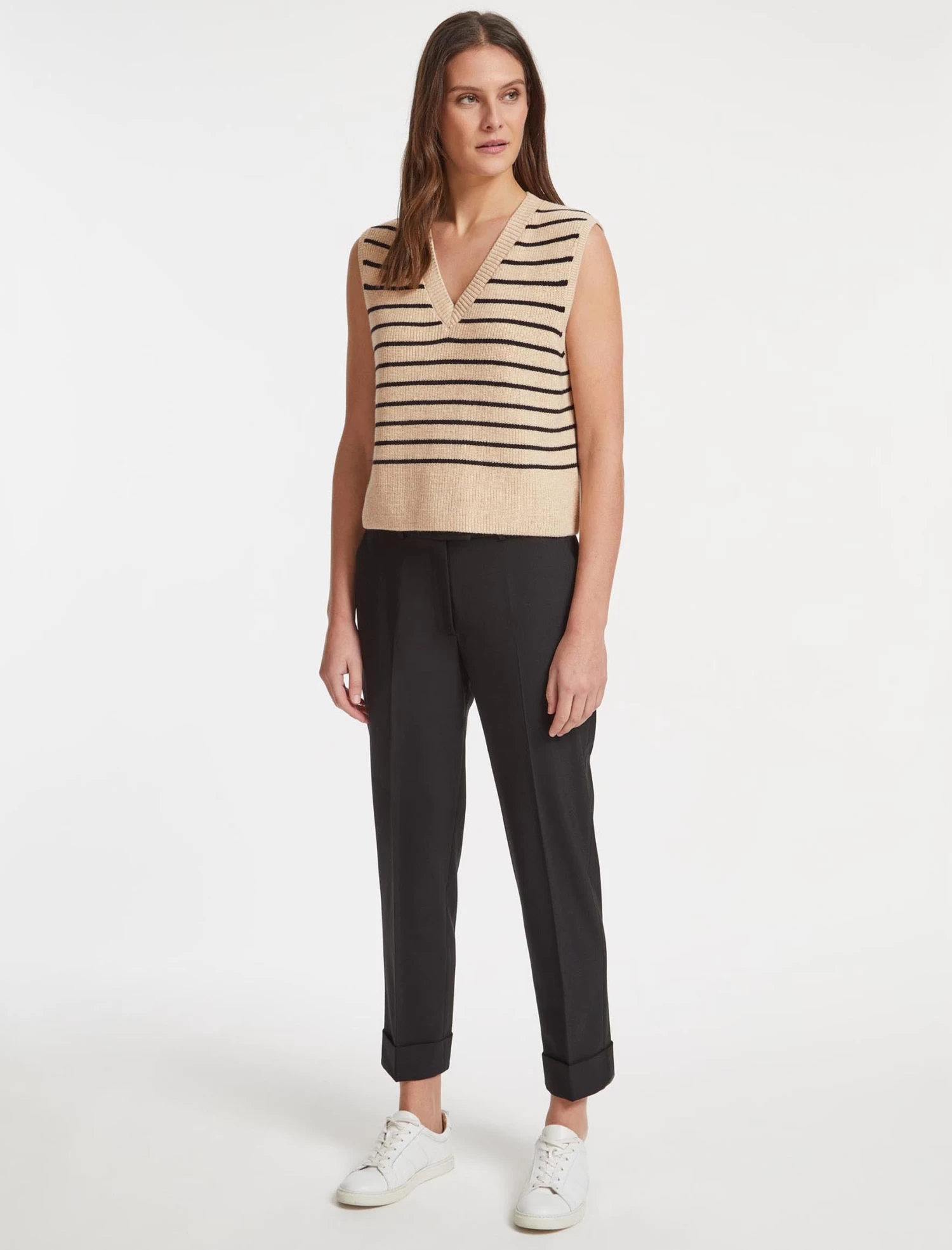Julie Cotton V Neck Layering Sleeveless Jumper - Sand Black Stripe - Image 2
