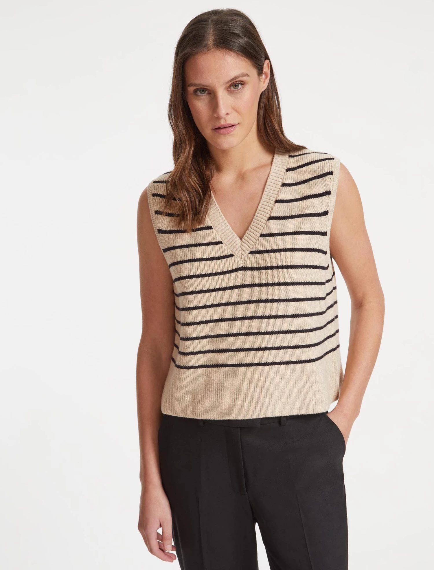 Julie Cotton V Neck Layering Sleeveless Jumper - Sand Black Stripe - Image 4
