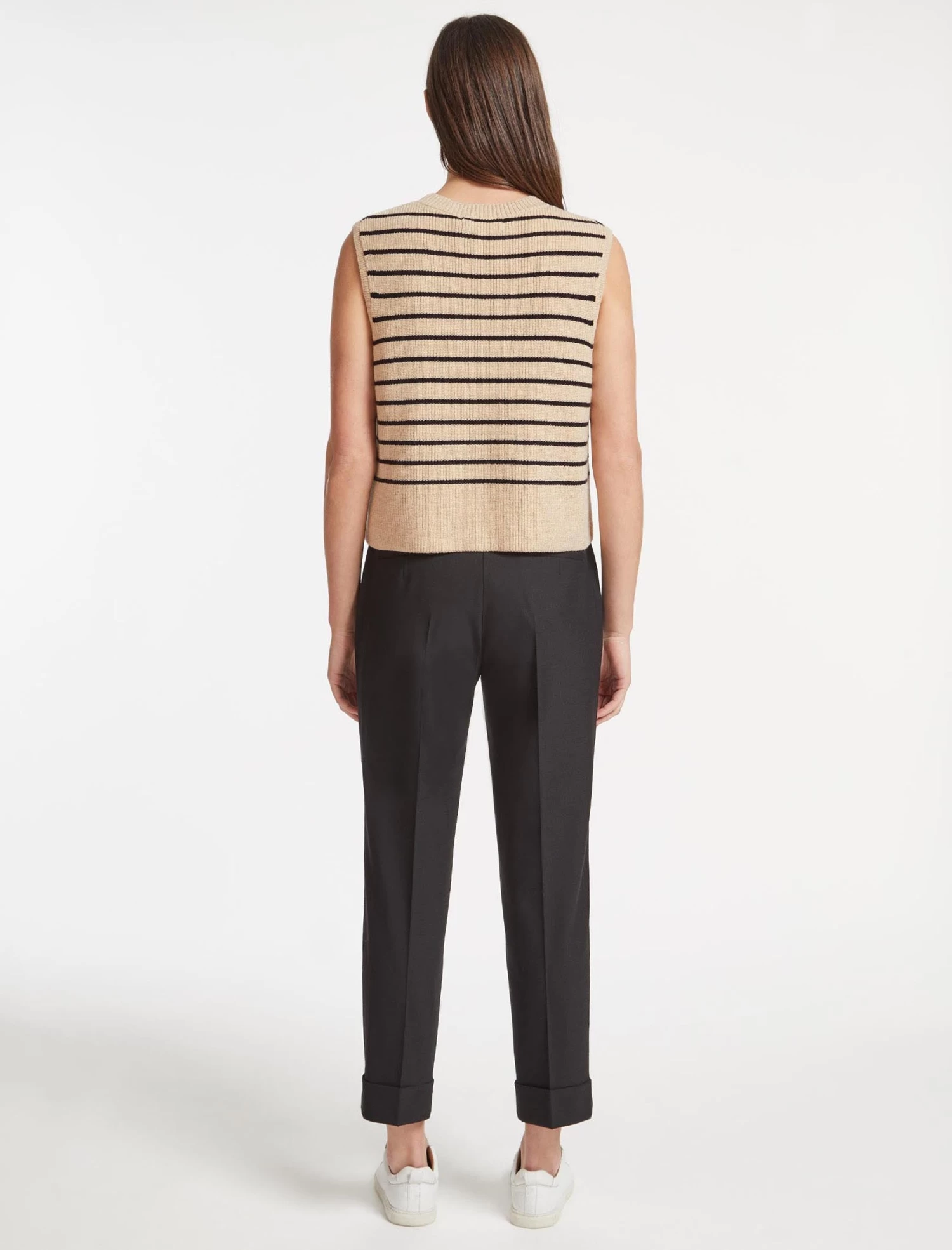 Julie Cotton V Neck Layering Sleeveless Jumper - Sand Black Stripe - Image 5