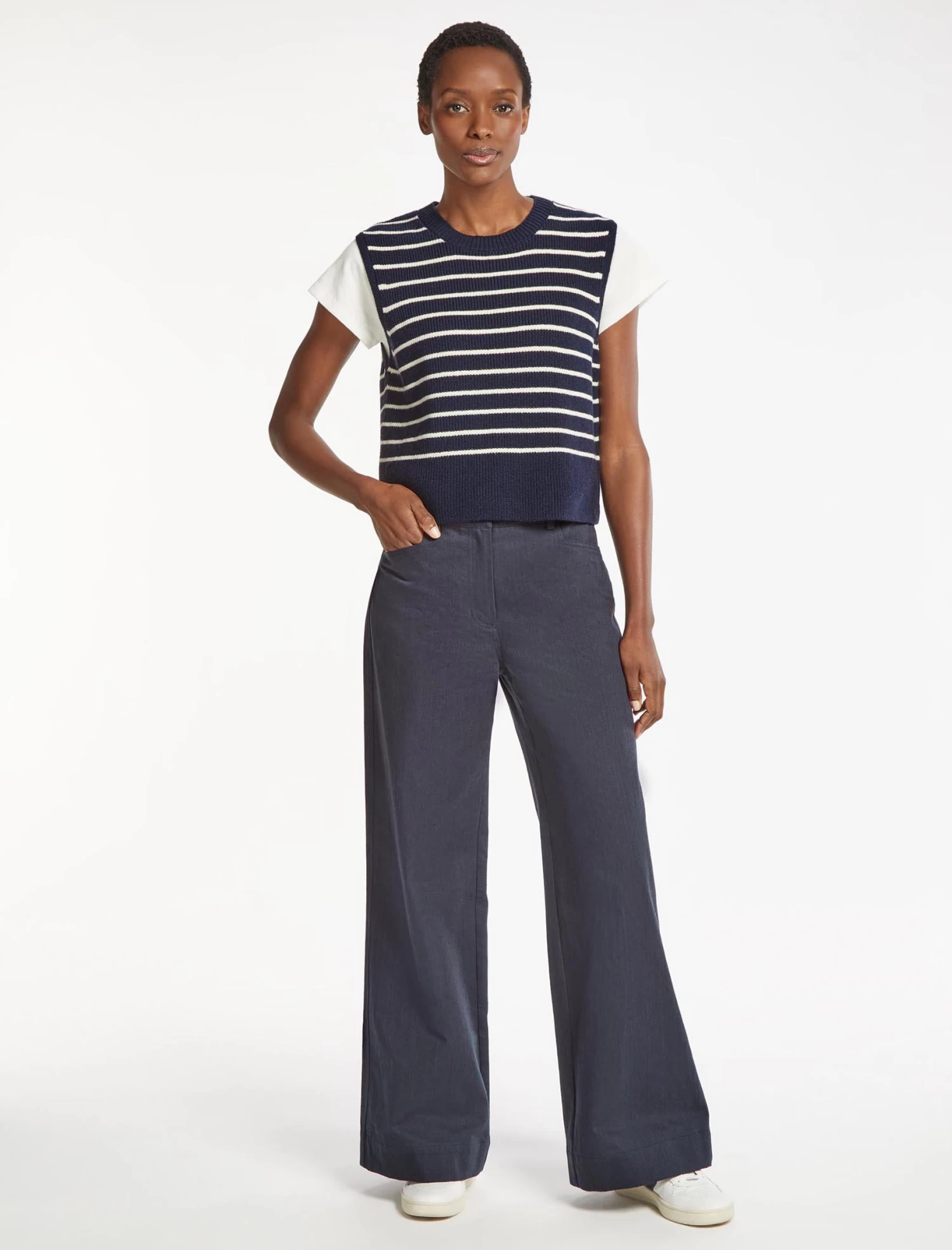 Julie Cotton Round Neck Sleeveless Jumper - Navy White Stripe - Image 2