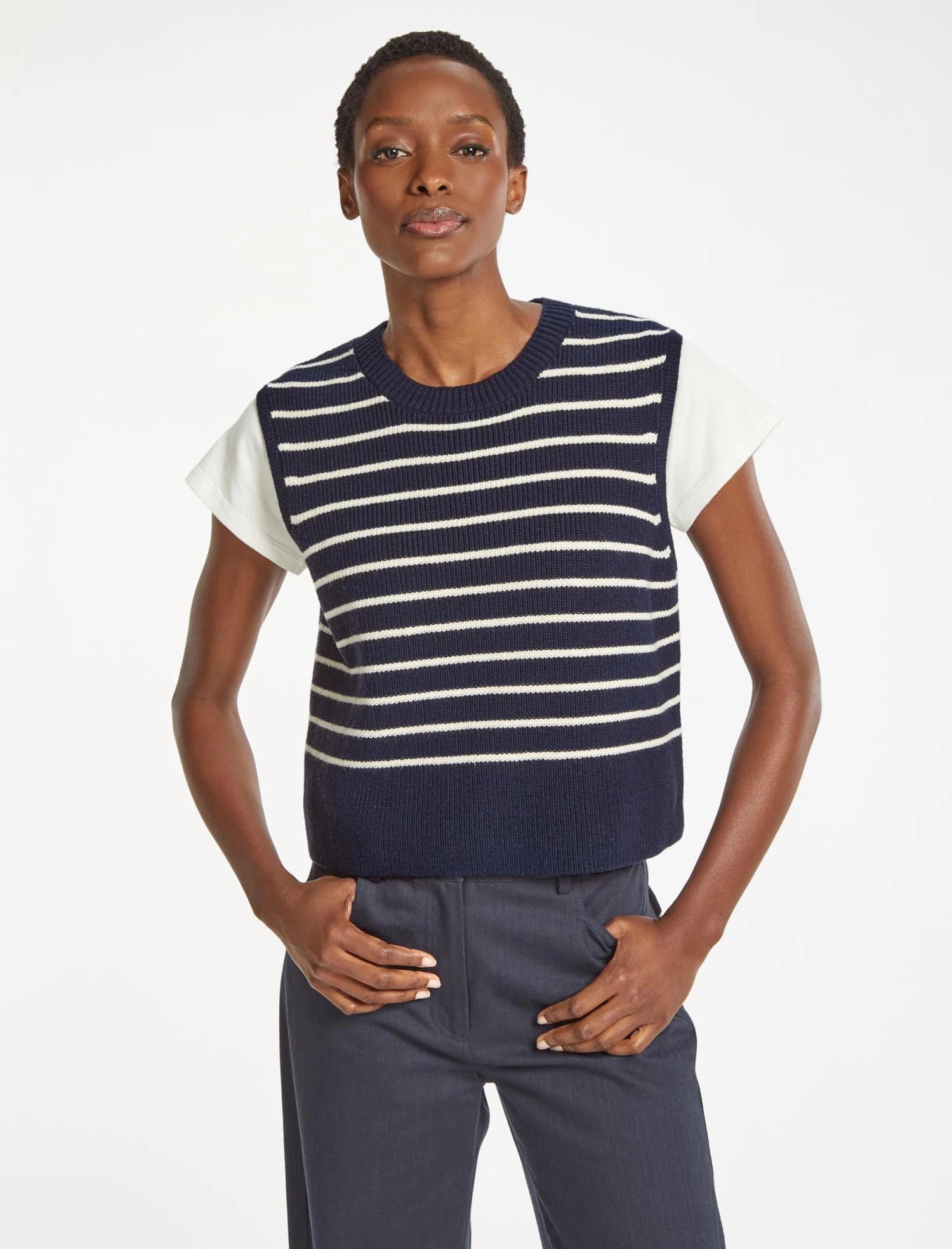 Julie Cotton Round Neck Sleeveless Jumper - Navy White Stripe - Image 4